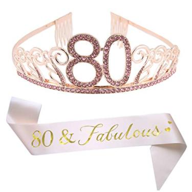 Imagem de Tiara rosa de aniversário de 80 anos e faixa de glitter faixa de cetim e coroa de tiara de cristal para feliz aniversário de 80 anos suprimentos de festa lembrancinhas decorações de aniversário de 80 anos acessórios de festa