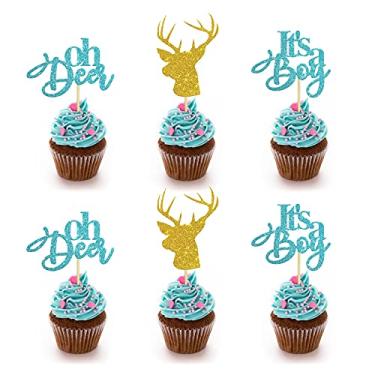 Imagem de 24 peças de enfeite de cupcake azul com glitter Oh Deer It's A Boy para festa de revelação de gênero/placa de cervo ou corça decoração de festa de chá de bebê / decorações de festa de aniversário de bebê / suprimentos para festa de aniversário de menino