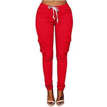 Imagem de Calças de moletom cargo femininas casuais largas cintura alta calça jogger calça justa Y2K streetwear com bolsos, Vermelho, G
