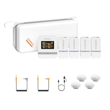 Imagem de Comica Vimo Q Mini Sistema de microfone de lapela sem fio de 4 canais, redução de ruído, porta USB-C de 3,5 mm para smartphone, câmera, PC, gravação de vídeo, entrevista com youtubers (branco)