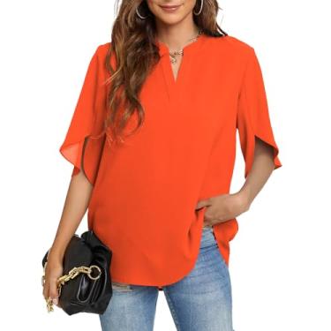 Imagem de Funlingo Tops femininos de verão camisas casuais de manga curta gola V chiffon blusa elegante tops, 06_laranja, XXG