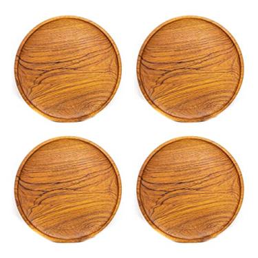 Imagem de Rainforest Bowls Conjunto de 4 pratos de jantar redondos de madeira de teca javanesa de 25,4 cm - perfeitos para uso diário - adequados para quente e frio, ultraduráveis, pratos de madeira premium -