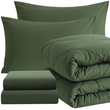 Imagem de NTBAY Jogo de cama solteiro com lençóis, 5 peças, macio e respirável, cama de solteiro em uma bolsa, conjunto de edredom alternativo para todas as estações, conjunto de cama infantil, verde oliva