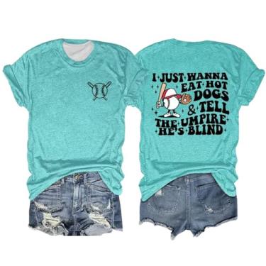Imagem de Camisetas femininas de beisebol I Just Wanna Eat Hot Dogs & Tell The Umpire He's Blind Camisetas casuais de verão, Azul claro, GG