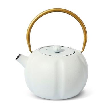 Imagem de VICSKY Bule de chá de ferro fundido laranja (800 ml), lindo design laranja/abóbora, bule de água fervente, filtro de chá de aço inoxidável, bule de chá resistente para fogões e fogões de indução,