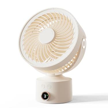 Imagem de CARONSORT Ventilador de mesa pequeno, ventilador oscilante de 120° para ambientes internos, ventilador pessoal recarregável de 4000 mAh, operado por bateria com display digital, ventilador USB com 3