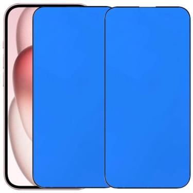 Imagem de BWEDXEZ Pacote com 2 películas protetoras de tela espelhada de vidro temperado anti-azul para iPhone 15/iPhone 16 6,1 polegadas, azul