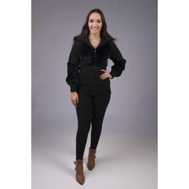 Imagem de Jaqueta de Tricô com Capuz e Pele Fake - Jéssi Malhas, Preto, G