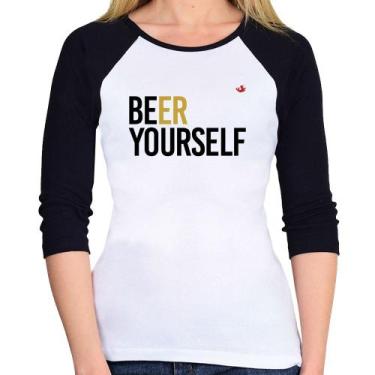 Imagem de Baby Look Raglan Beer Yourself Manga 3/4 - Foca na Moda, Branco, Preto