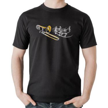 Imagem de Camiseta Algodão Trombone Notas Musicais - Foca na Moda, Preto, GG