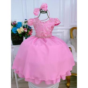 Imagem de Vestido infantil rosa chiclete renda c/ pérolas damas tiara - puzzle, 