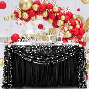 Imagem de LuoluoHouse Decorações de toalha de mesa preta: Tecido grande de lantejoulas para decorações de festa temática gótica, formatura, coquetel, 127 x 177 cm