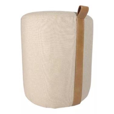 Imagem de Puff Redondo De Linho Bege Cinza Cru Banqueta Puf Luxo Para Sala Quart