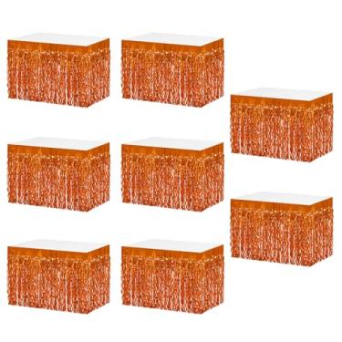 Imagem de MZJU Saias de mesa 8P onduladas metálicas com franjas para mesas retangulares, cortinas de guirlanda, para desfile, boias, casamentos, festas de aniversário, Halloween, Natal (laranja)