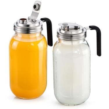 Imagem de Baderke 2 frascos de vidro com boca de vidro com tampa de bico de aço inoxidável, à prova de vazamento, frascos de vidro de boca larga para bebidas, café gelado, leite, chá solar, suco de limonada