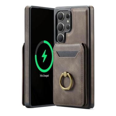 Imagem de HJZSZX Para Samsung S24 Ultra Ring Magnetic Phone Case Carregamento sem fio Couro Carteira Capa (Para Samsung S24 Ultra/Café)