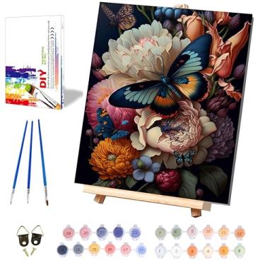 Imagem de Kit de pintura por números para adultos emoldurado - Kits de pintura por números de borboleta para adultos em tela com cavalete de madeira, kits de pintura a óleo acrílica de borboleta, caixa de