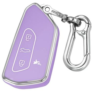 Imagem de Kirsnda Chaveiro compatível com Volkswagen Golf Seat Leon MK4 Tarraco Ateca Octavia Enyaq ect Smart Remote Key, capa de proteção TPU, 4 botões prata roxo