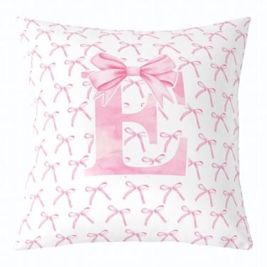 Imagem de Capa de almofada infantil com laço de desenho animado, laço rosa letra E nó princesa dupla face fronha meninas mulheres, laço aquarela patchwork rosa branco cama sofá capa de almofada, pacote único 61