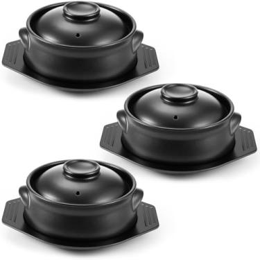 Imagem de Kritkin 3 peças de tigela de pedra coreana com tampa e trivet panela quente de cerâmica com alças duplas travessa de cozinha coreana panela de argila para cozinhar guisado, caçarola dolsot bibimbap