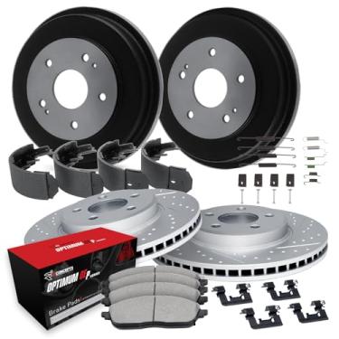 Imagem de R1 Concepts Conjunto de rotor e tambor de freio a disco revestido de carbono perfurado e ranhurado com pastilhas Oe Optimum, sapatos e ferragens dianteiras e traseiras Jeep Grand Cherokee, Cherokee