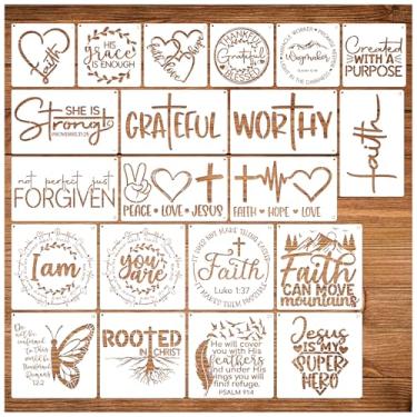 Imagem de 21 peças de estênceis cristãos para artesanato, reutilizáveis, motivacionais, versículo da Bíblia, desenho, estênceis religiosos para pintura em tela de tecido de placa de madeira, faça você mesmo