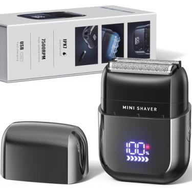 Imagem de Telfun Mini barbeadores elétricos para homens, aparador de pelos faciais portátil para viagem, barbeador de barba elétrico USB-C com corpo inteiro à prova d'água e grande visor de LED, barbeador de