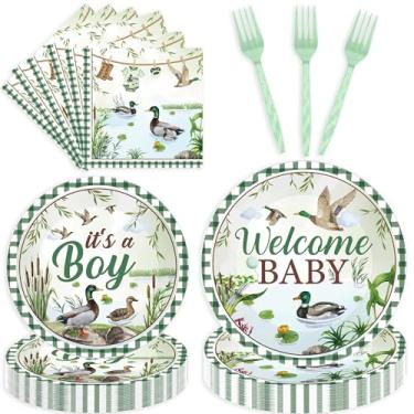 Imagem de 96 Pcs Mallard Duck Baby Shower Decorations, Welcome Baby Boy Cute Watercolor Duck Themed Party Plates Napkins and Forks for 24 Guests, It's a Boy Gender Reveal Party Supplies