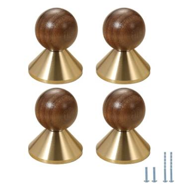 Imagem de Evionlin Puxadores de porta de armário de cozinha com base de latão com esfera de madeira dourada, 10 peças