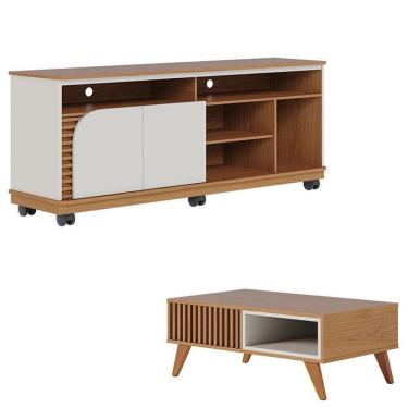 Imagem de Rack Bancada Jurerê 1.5 com Mesa de Centro Jeri 150cm em MDF e MDP com Rodízios Off White