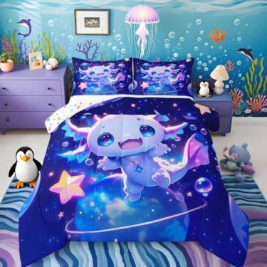 Imagem de Jogo de cama solteiro com estampa de axolotl, estampa de salamandra, estampa kawaii, oceano, vida marinha, para decoração de quarto de mulheres e homens, respirável, macia, microfibra, espaço sideral