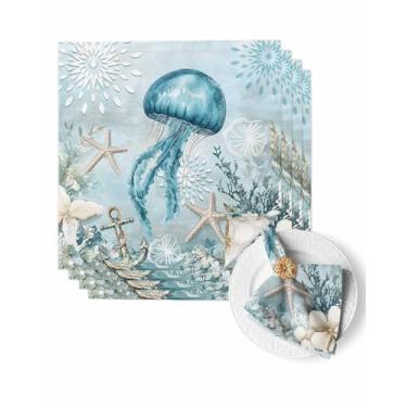 Imagem de Conjunto de 4 guardanapos de pano, água-viva, oceano, estrela-do-mar, âncora náutica, guardanapo de jantar, guardanapo de mesa macio absorvente para festa de coquetel em casa, casamento, flor