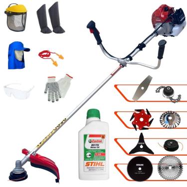 Imagem de Cortador de Grama À Gasolina Kawashima BCJ521-L 52cc 2,5HP Alta Rotação Roçadeira Completa Com Carretel e Kit 7 Opções de Corte + EPI + ÓLEO STIHL 2T