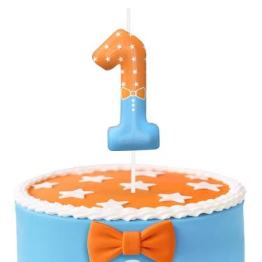 Imagem de Velas de aniversário número 1 azul laranja, topo de bolo com tema de desenho animado para decoração de bolo para meninos e meninas, decorações de aniversário, suprimentos de festa, velas numéricas