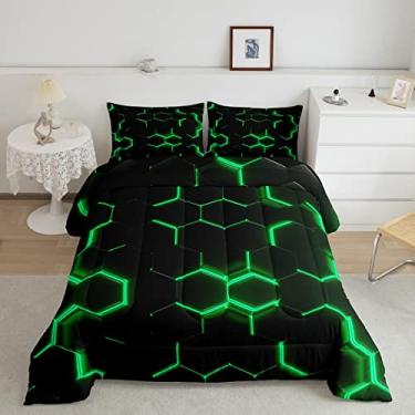 Imagem de Conjunto de edredom de colmeia tamanho casal, tema hexagonal geométrico com luzes neon verdes, conjunto de colcha para meninos, adolescentes, chique, casa, 3 peças, 2 fronhas, preto