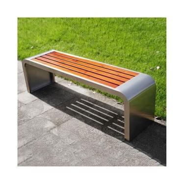 Imagem de Banco de jantar em forma de U, sem costas, moldura de aço inoxidável, placa de assento de madeira, banco externo, pátio, móveis de assento ao ar livre (médio)