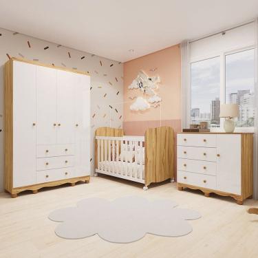 Imagem de Quarto de Bebê Completo com Guarda-roupa 4 Portas Cômoda e Berço 100% Mdf Mimo Espresso Móveis Branco Brilho/Amêndoa