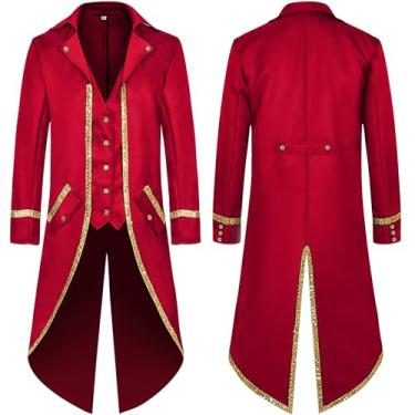 Imagem de SEAUR Sobretudo masculino medieval steampunk casaco longo acabamento dourado gótico vitoriano vintage fantasia de Halloween, Vermelho, G