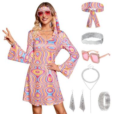 Imagem de Clarisbelle Vestido feminino de Halloween, 7 peças, discoteca, lantejoulas, dança dos anos 70, roupa de fantasia com óculos de sol e faixa de cabeça, Rosa B3, Small