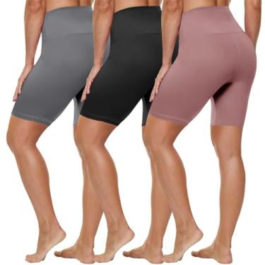 Imagem de HLTPRO Pacote com 3 shorts de motociclista plus size com bolsos para mulheres (P-4GG)- Shorts de cintura alta com controle de barriga de 20,3 cm/12,7 cm para ioga, Preto/Bege Rosa/Cinza, G-GG