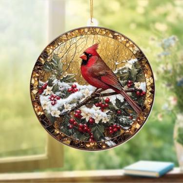 Imagem de Ornamento cardeal acrílico 2025 – Ornamento de árvore de Natal cardeal vermelho "estilo vitral" e apanhador de sol de janela, presente de lembrança memorial, lembrança de luto de simpatia pela perda