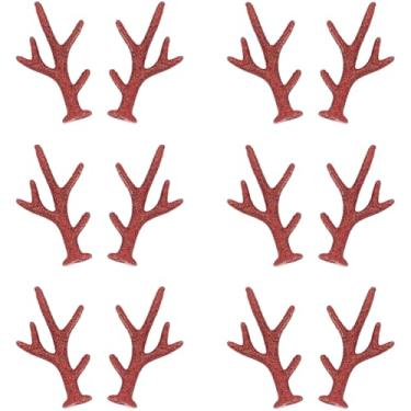 Imagem de GORGECRAFT 40 peças mini chifres artesanais enfeites de chifres de Natal com glitter vermelho veludo rena chifres de alce ramos de alce acessórios para tiara faça você mesmo festa de casamento, árvore