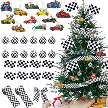 Imagem de Syhood Conjunto de decoração de árvore de Natal com tema de carro de corrida preto e branco, bola de Natal preta e branca, fita de árvore quadriculada de Natal, bandeira de corrida quadriculada para