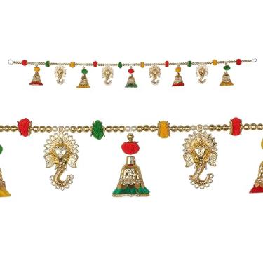 Imagem de Toran decorativo para pendurar na porta, sinos dourados artificiais, contas de parede para entrada em casa, templo, sala de estar, sanefa, decoração de festival tradicional indiano (tamanho: -91 cm x