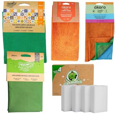 Imagem de Kit 10pcs: Panos Mágico Para Limpeza Geral Chão Piso Vidros + Esponja Melamina Cozinha Ákora (Pano Limpa Tudo Laranja)
