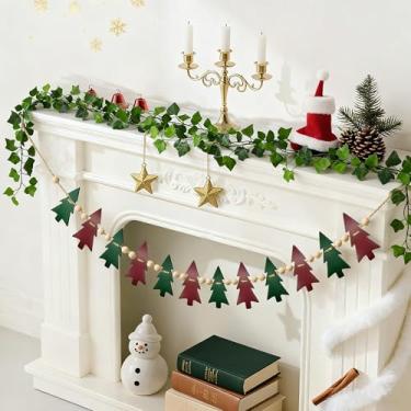 Imagem de Árvore de Natal de fazenda com contas de madeira, guirlanda de pinheiro rústico dupla face, ornamentos para pendurar na casa, lareira, sala de casa, janela, vermelho e verde