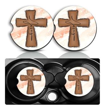 Imagem de Conjunto de 2 porta-copos de carro Cross Jesus – Acessórios de carro cristãos divertidos 7 cm tamanho universal tapete de borracha antiderrapante embutido porta-copos de inserção automática decoração