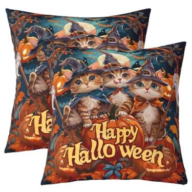 Imagem de Erosebridal Capas de almofada Happy Halloween 55 x 55 cm conjunto de 2 fronhas quadradas decorativas de lanterna de abóbora para cama, sofá, sala de estar, capas de almofada fantasma gótico