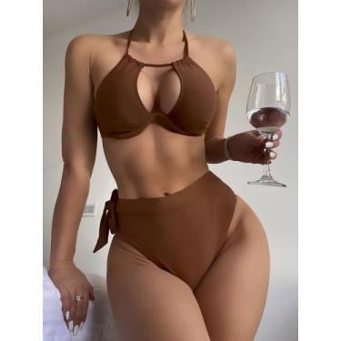 Imagem de Biquíni feminino com traje de natação sexy marrom escuro dividido - He