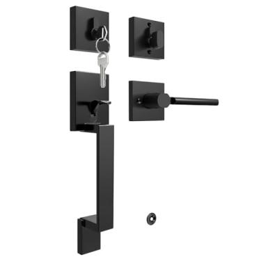 Imagem de Tinewa Maçaneta preta San Clemente com fechadura de cilindro único, conjunto de fechadura de porta de entrada atualizada, espaço de orifício ajustável, liga de zinco e alavanca reversível, 1 pacote